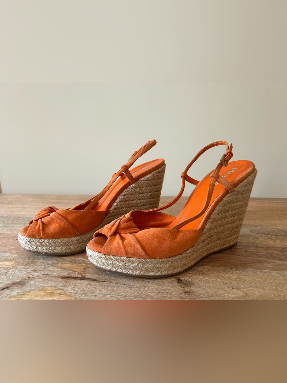 Prada Orange Knotted Espadrille Wedge Sandals